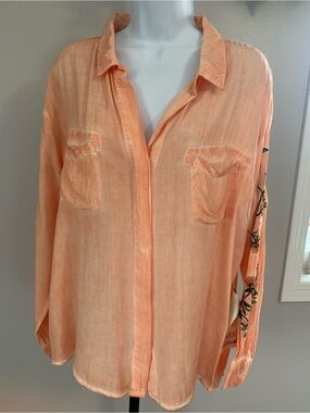 NWT Aratta Silent Journey- Kate Coral Button-Down Shirt with Embroidered Sleeve